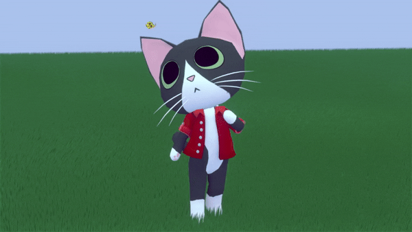 A happy cartoon tuxedo cat standing in a grassy field watching a butterfly. He becomes spooked when it flies close to his face and then excitedly waves at it as it flies away.